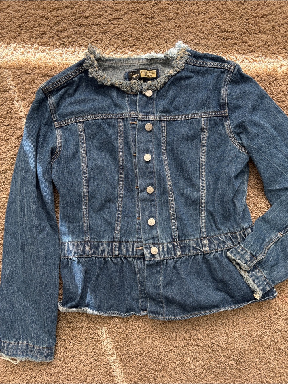 Suzanne Betro Blue Denim Frayed-Trim Peplum Jacket